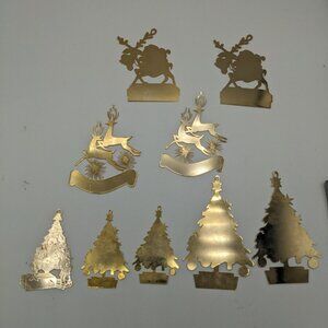 Vintage Christmas Ornaments Or Tags 9 Flat 5 Tree 2 Santa 2 Reindeer Brass Color